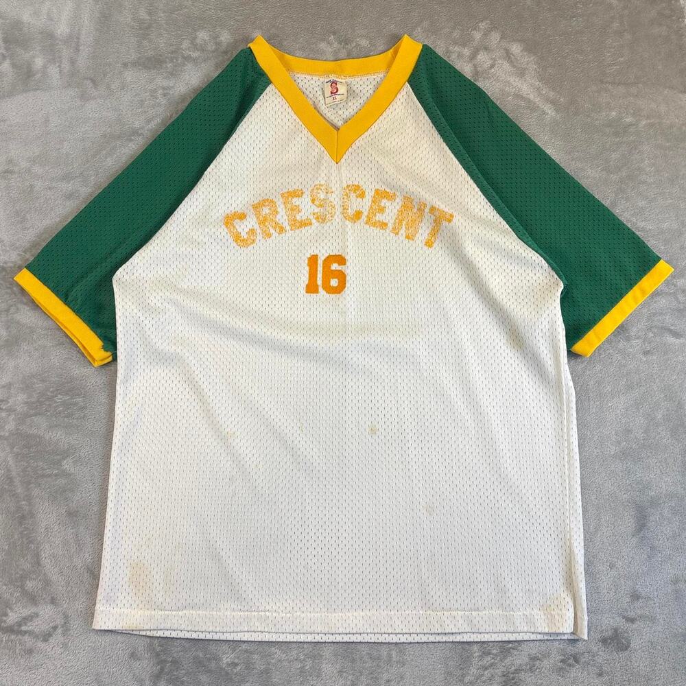 Vintage 80s Soffe Athletic Crescent 16 Mesh Baseball Jersey Men’s XL White Green